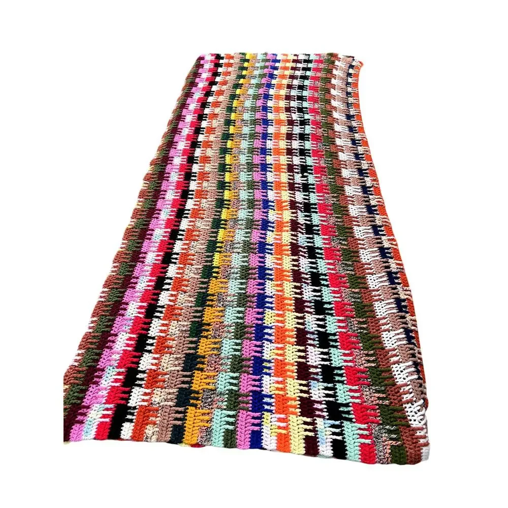 Retro Handmade Crocheted Granny Blanket Unique Rainbow Plaid Cottage Kitsch Fun